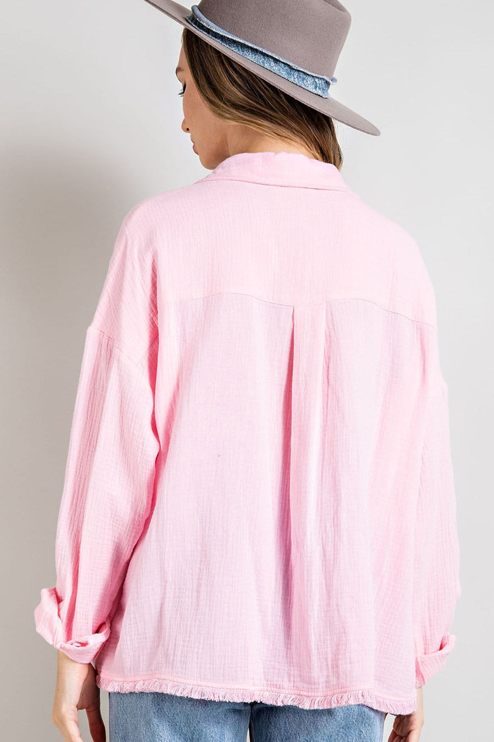 Easy throw over button down top with long sleeves and front pocket Blouse EE:Some