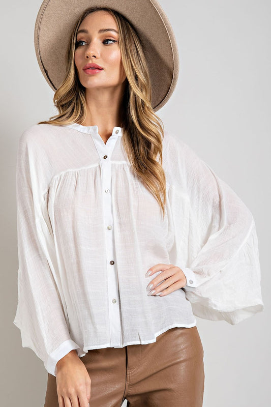 Button down top with long dolman sleeves Blouse EE:Some Small Off White