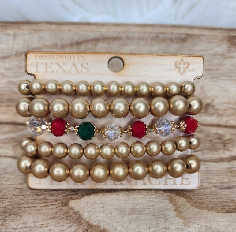 5-strand gold, red, green and clear bead cap bracelet Ivy and Pearl Boutique