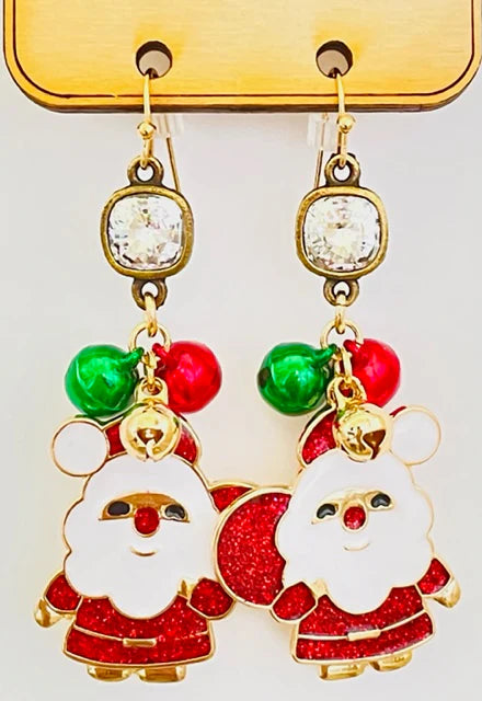 8mm bronze/clear cushion cut connector with Christmas bells and Santa charm earring  Ivy and Pearl Boutique