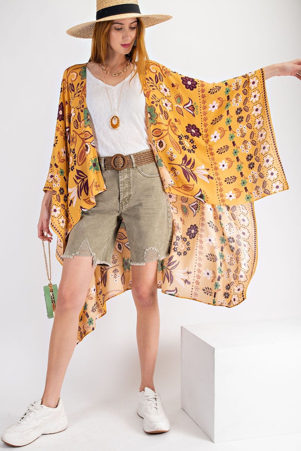 All I Need Flowy Kimono - Scarf Printed Rayon Crepon Kimono Ivy and Pearl Boutique Mustard Yellow S