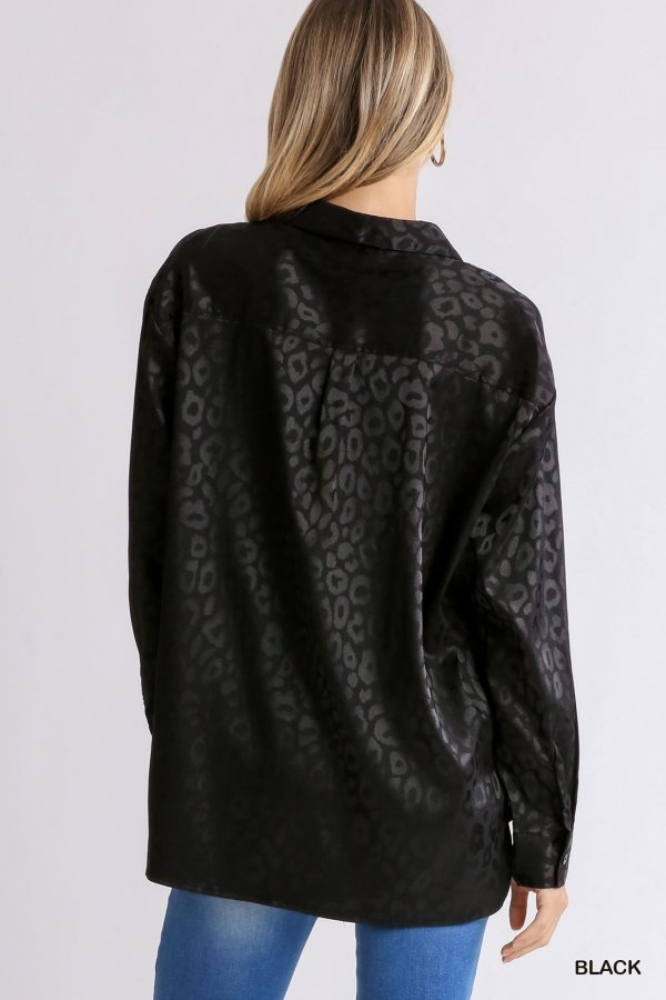Animal jacquard print button up long sleeve top with chest pocket and side slit Ivy and Pearl Boutique