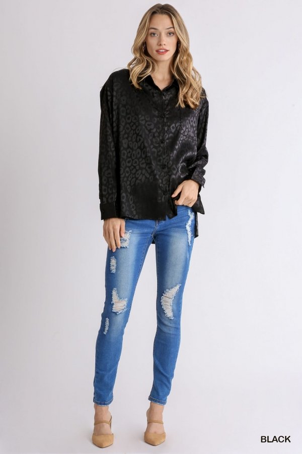 Animal jacquard print button up long sleeve top with chest pocket and side slit Ivy and Pearl Boutique