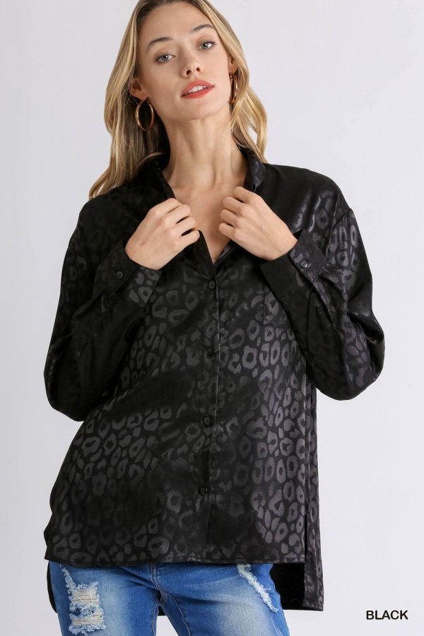 Animal jacquard print button up long sleeve top with chest pocket and side slit Ivy and Pearl Boutique