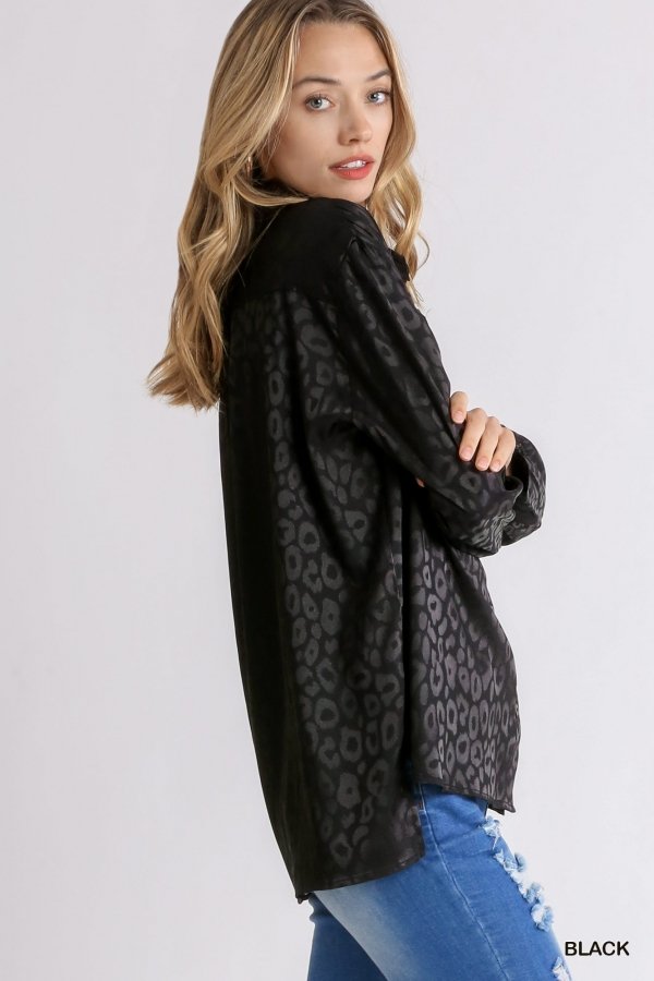 Animal jacquard print button up long sleeve top with chest pocket and side slit Ivy and Pearl Boutique