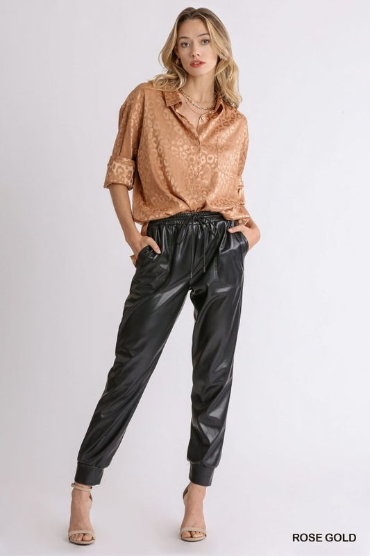 Animal jacquard print button up long sleeve top with chest pocket and side slit  Ivy and Pearl Boutique Black S