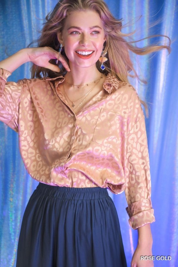 Animal jacquard print button up long sleeve top with chest pocket and side slit Ivy and Pearl Boutique