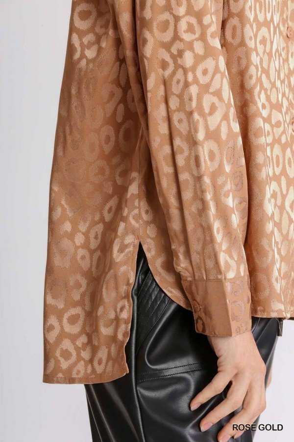 Animal jacquard print button up long sleeve top with chest pocket and side slit Ivy and Pearl Boutique