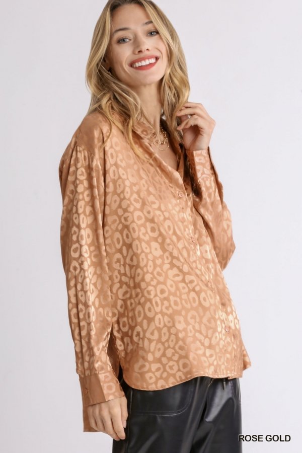Animal jacquard print button up long sleeve top with chest pocket and side slit Ivy and Pearl Boutique