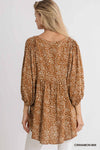 Animal Print 3/4 Sleeve Babydoll Top with Keyhole Front and Smocked Shoulder Detail  Ivy and Pearl Boutique