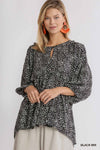 Animal Print 3/4 Sleeve Babydoll Top with Keyhole Front and Smocked Shoulder Detail  Ivy and Pearl Boutique Black XL