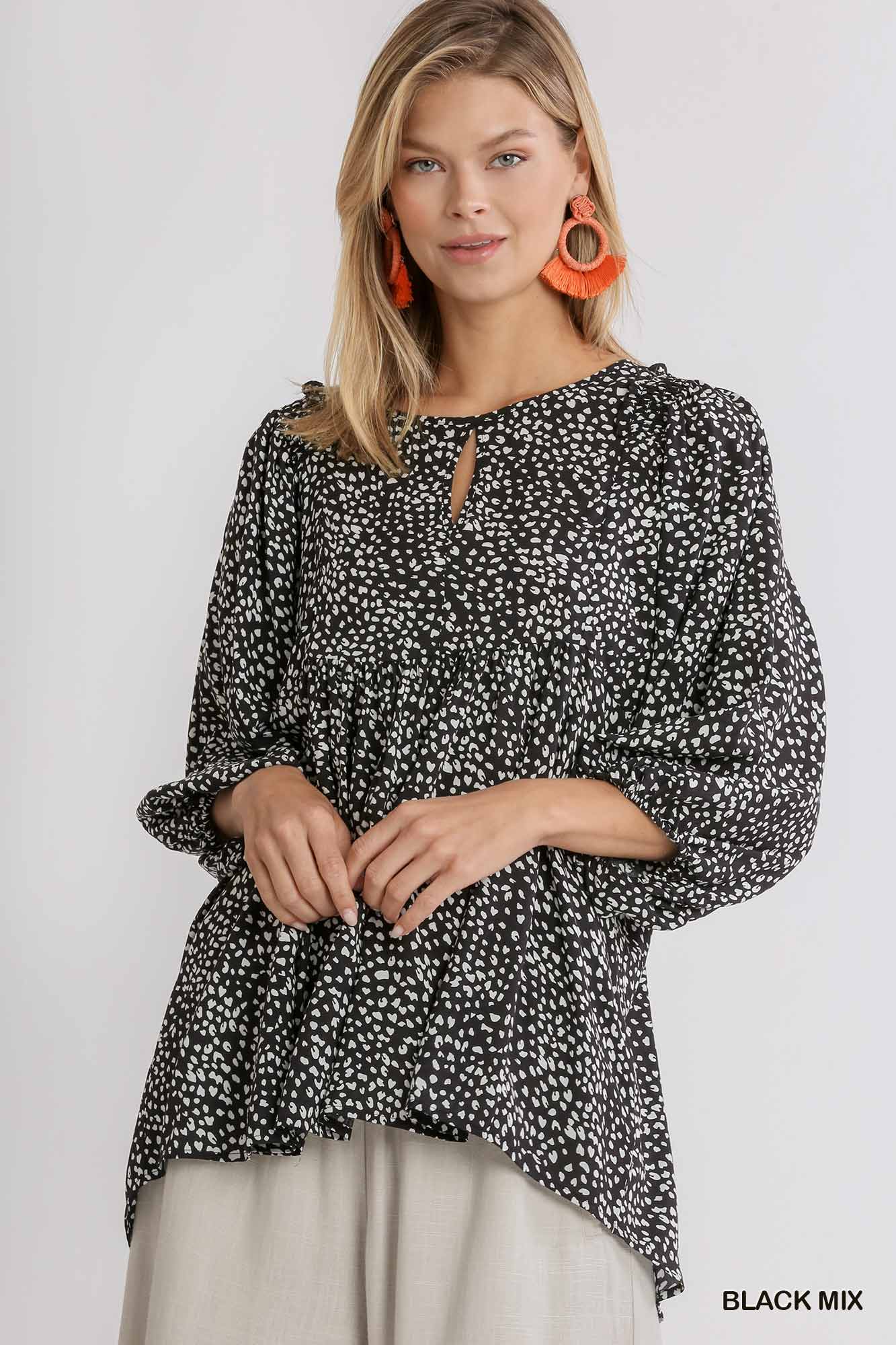 Animal Print 3/4 Sleeve Babydoll Top with Keyhole Front and Smocked Shoulder Detail Ivy and Pearl Boutique Black XL