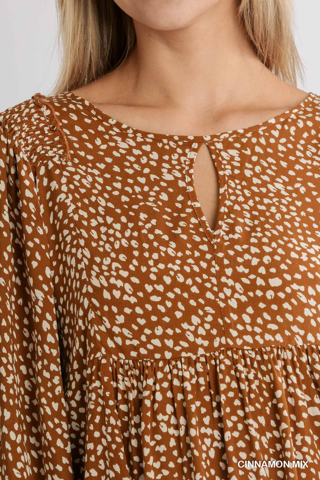 Animal Print 3/4 Sleeve Babydoll Top with Keyhole Front and Smocked Shoulder Detail Ivy and Pearl Boutique