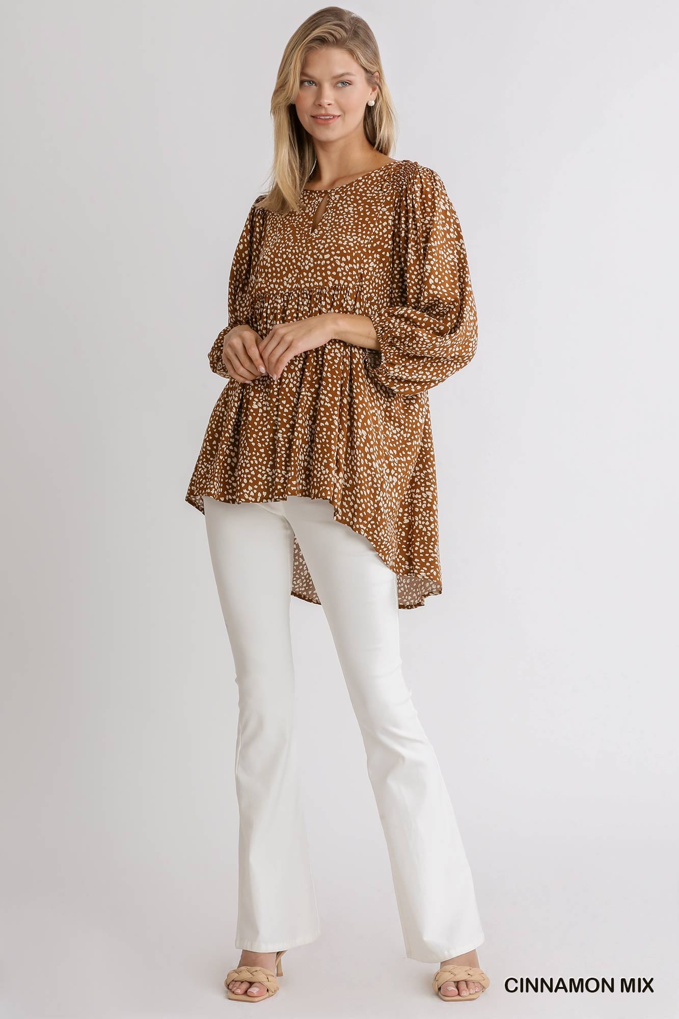 Animal Print 3/4 Sleeve Babydoll Top with Keyhole Front and Smocked Shoulder Detail Ivy and Pearl Boutique