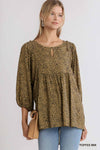 Animal Print 3/4 Sleeve Babydoll Top with Keyhole Front and Smocked Shoulder Detail  Ivy and Pearl Boutique Toffee S
