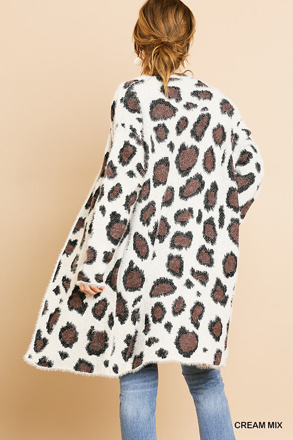 Animal print long sleeve fuzzy long open front sweater cardigan Ivy and Pearl Boutique