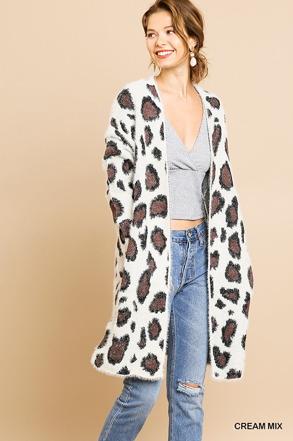 Animal print long sleeve fuzzy long open front sweater cardigan