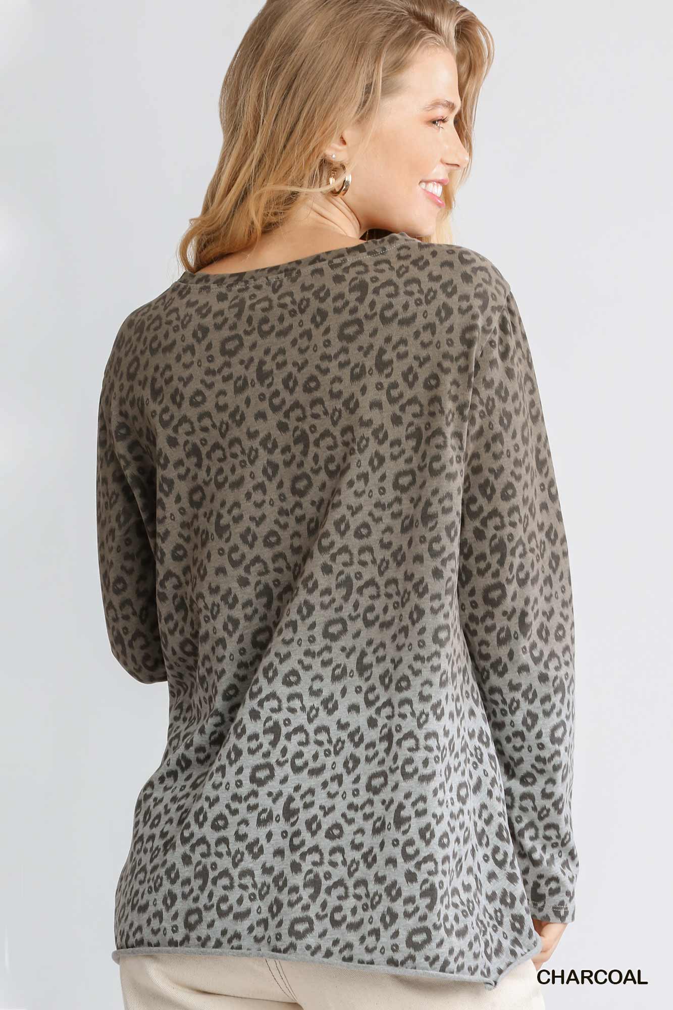 Animal Print Ombre Long Sleeve Top with Side Knot Detail and Raw Hem Ivy and Pearl Boutique