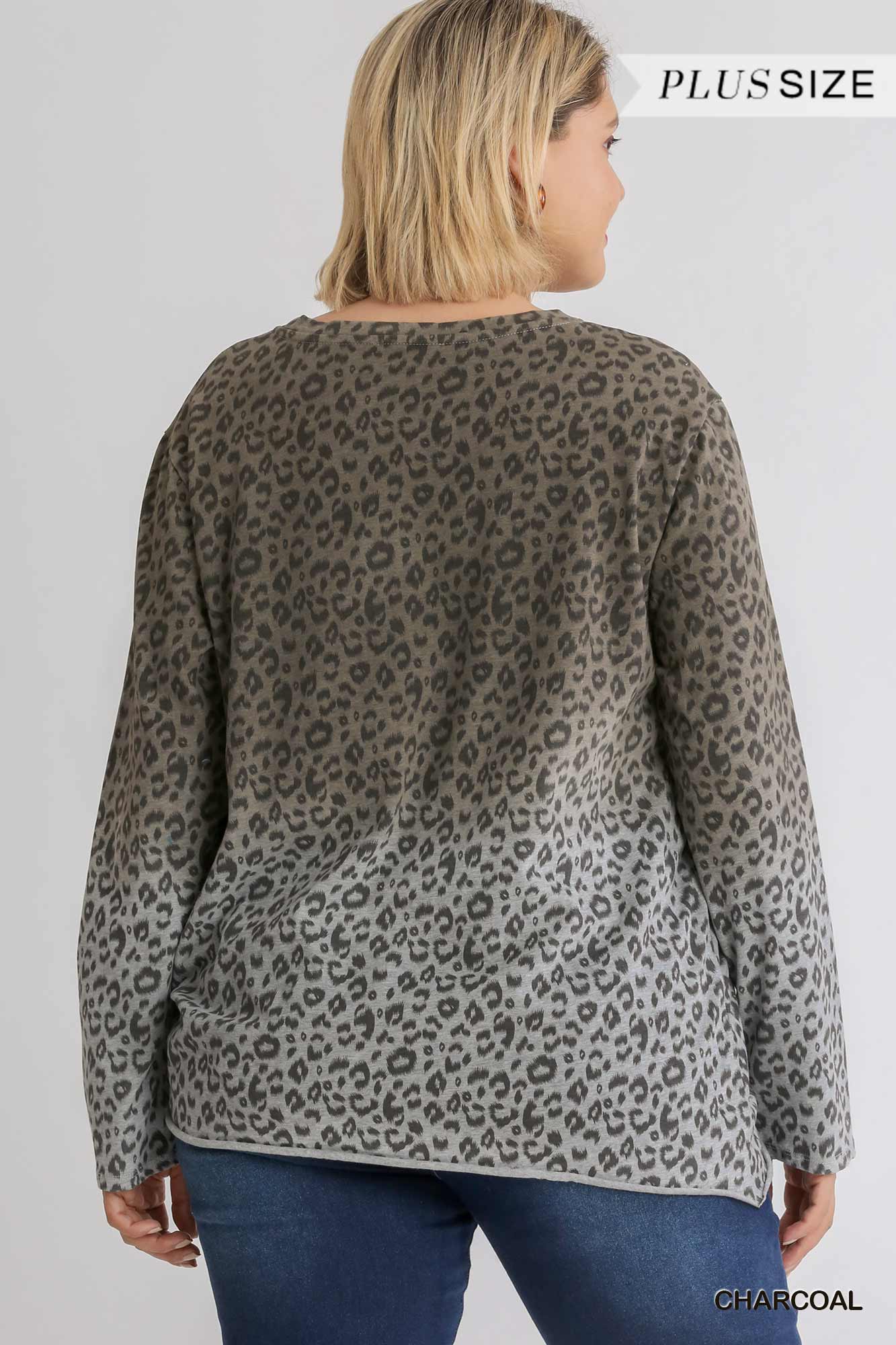 Animal Print Ombre Long Sleeve Top with Side Knot Detail and Raw Hem Ivy and Pearl Boutique