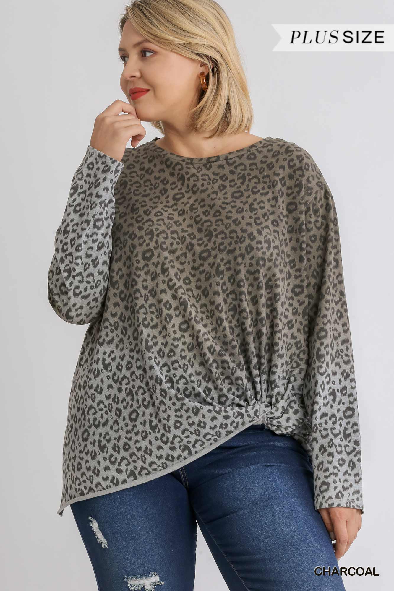 Animal Print Ombre Long Sleeve Top with Side Knot Detail and Raw Hem Ivy and Pearl Boutique