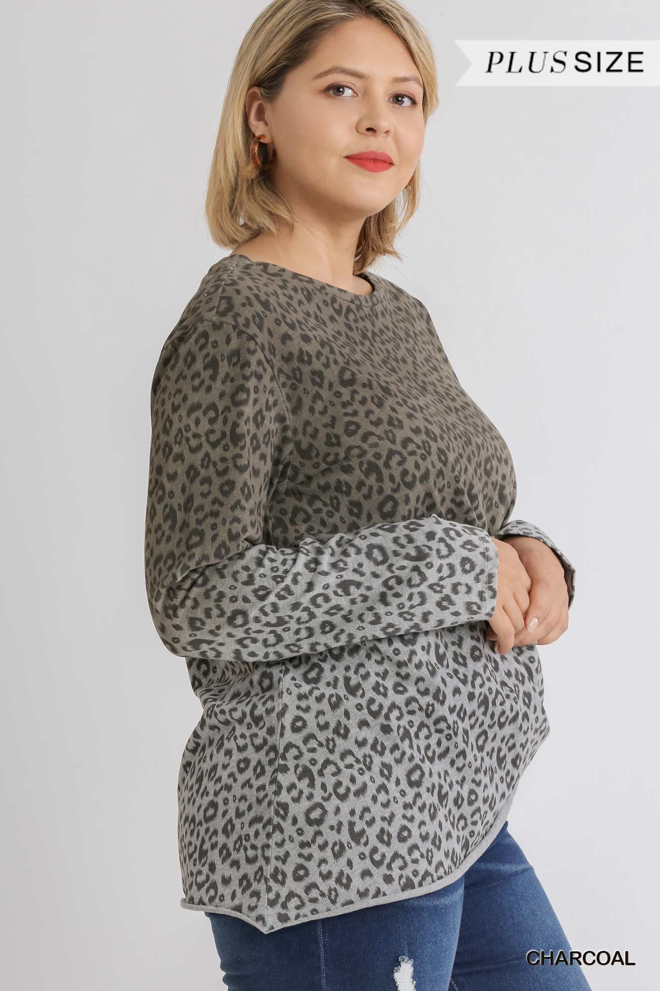 Animal Print Ombre Long Sleeve Top with Side Knot Detail and Raw Hem Ivy and Pearl Boutique