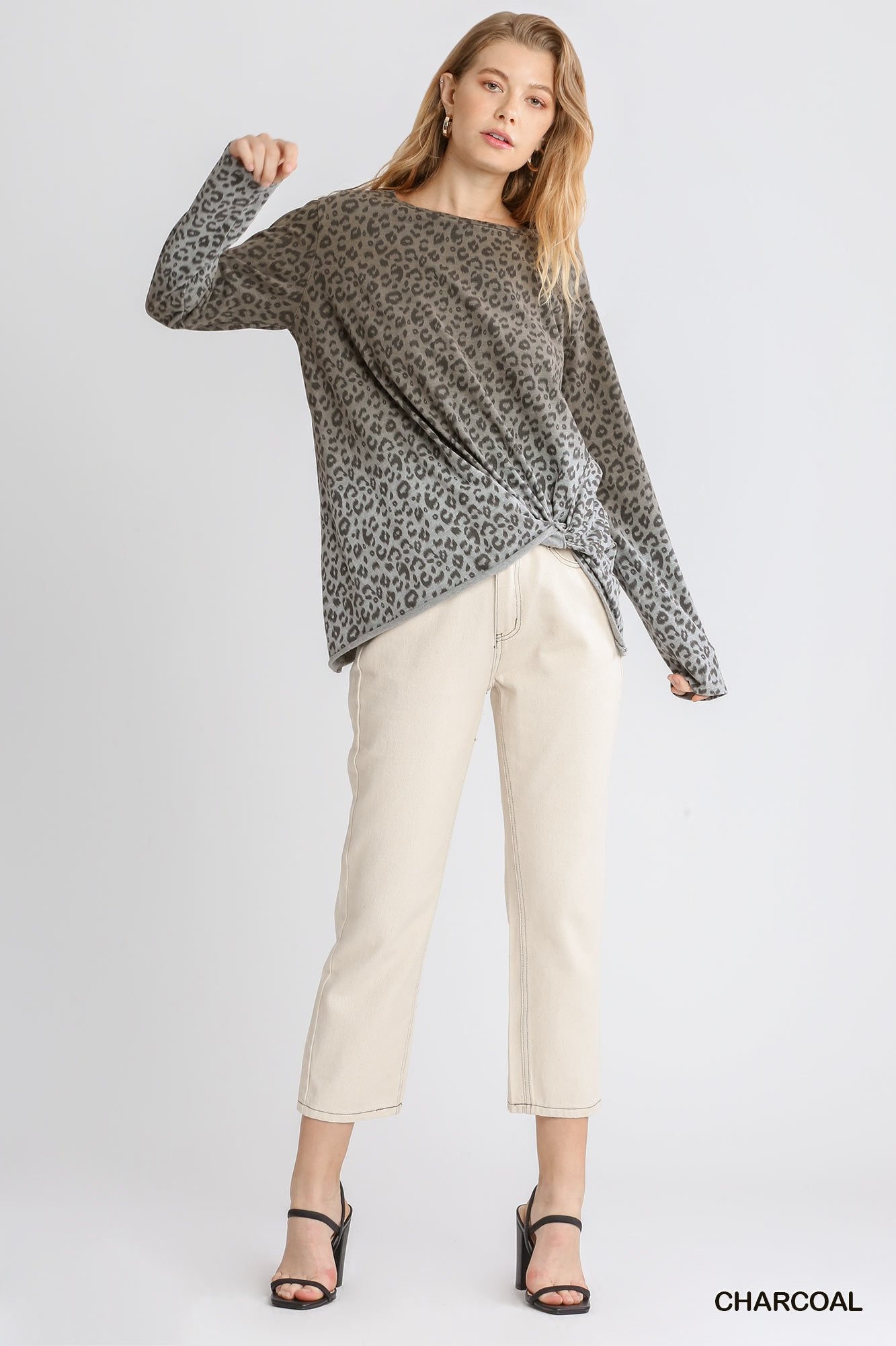 Animal Print Ombre Long Sleeve Top with Side Knot Detail and Raw Hem Ivy and Pearl Boutique