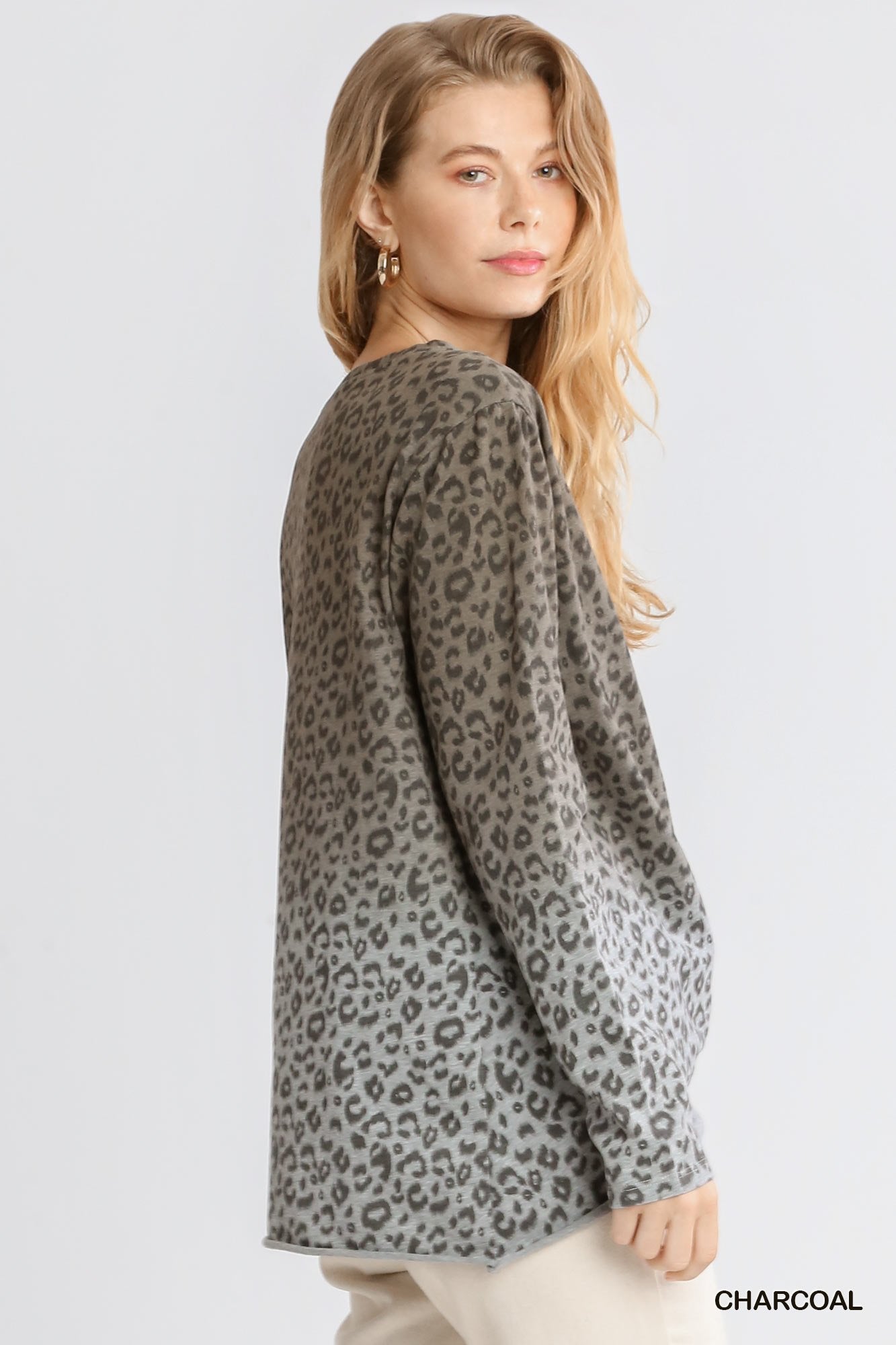 Animal Print Ombre Long Sleeve Top with Side Knot Detail and Raw Hem Ivy and Pearl Boutique