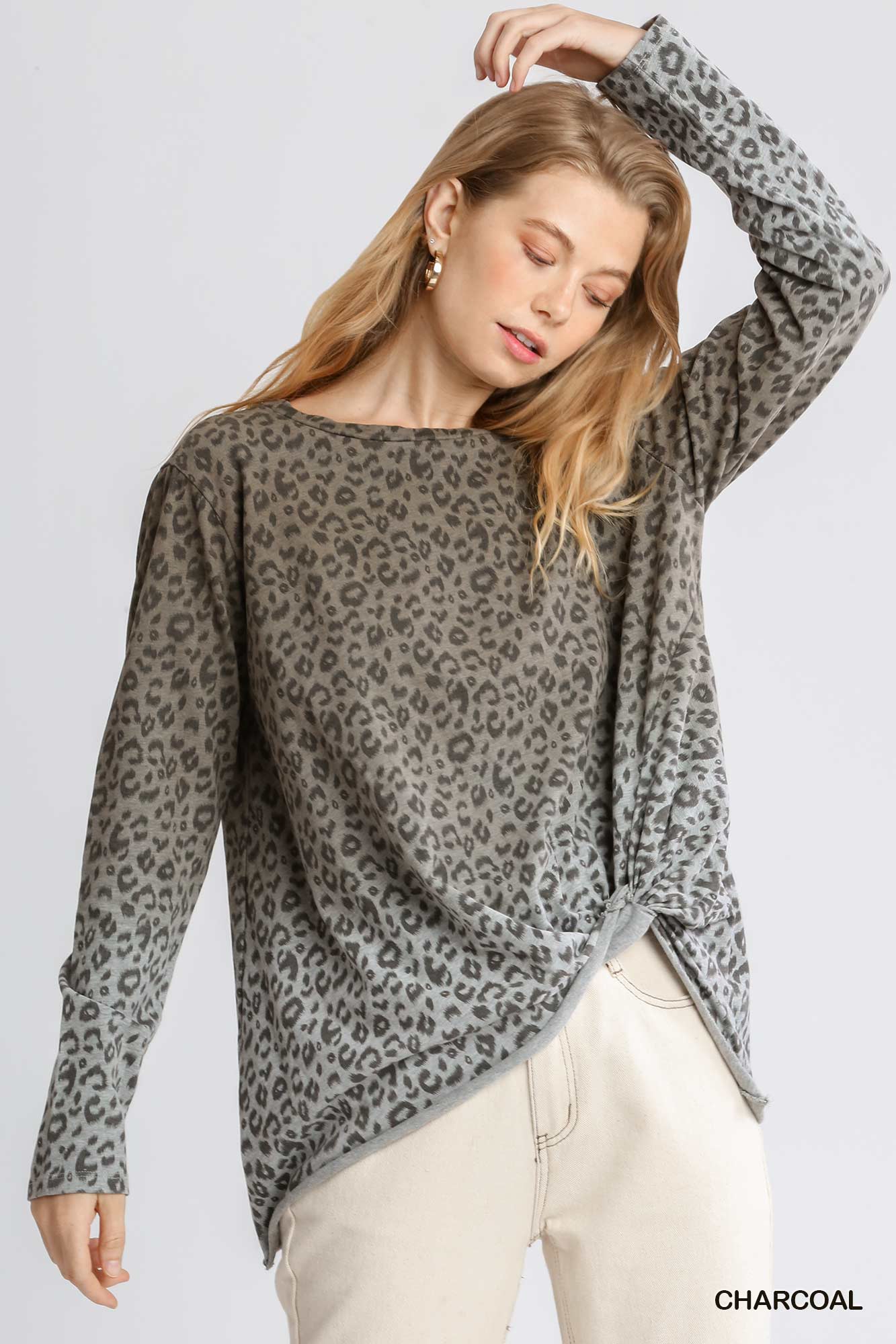 Animal Print Ombre Long Sleeve Top with Side Knot Detail and Raw Hem Ivy and Pearl Boutique Charcoal S