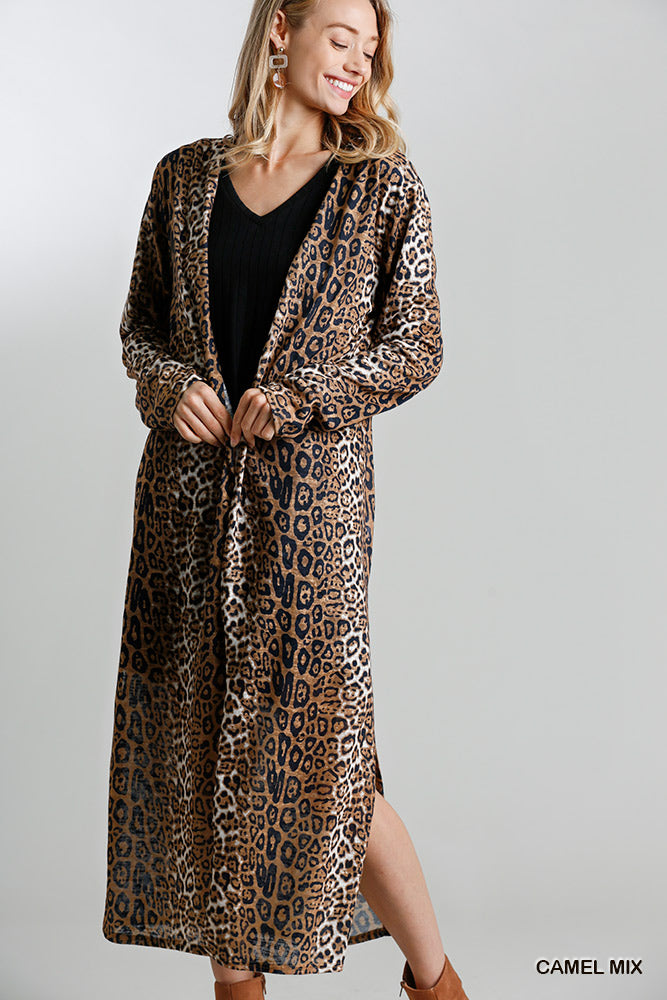 Animal Print Open Front Long Cardigan with Side Slits Ivy and Pearl Boutique Carmel S