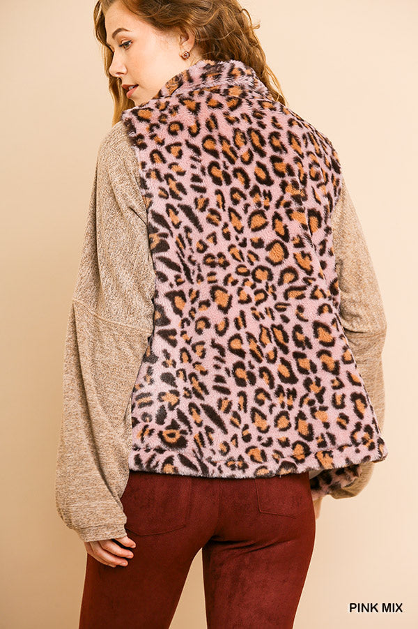 Animal Print Sleeveless Fuzzy Zip Front Vest with Pockets Ivy and Pearl Boutique