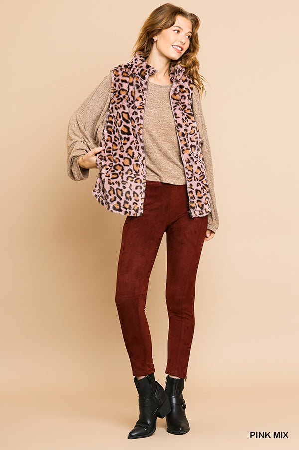 Animal Print Sleeveless Fuzzy Zip Front Vest with Pockets Ivy and Pearl Boutique