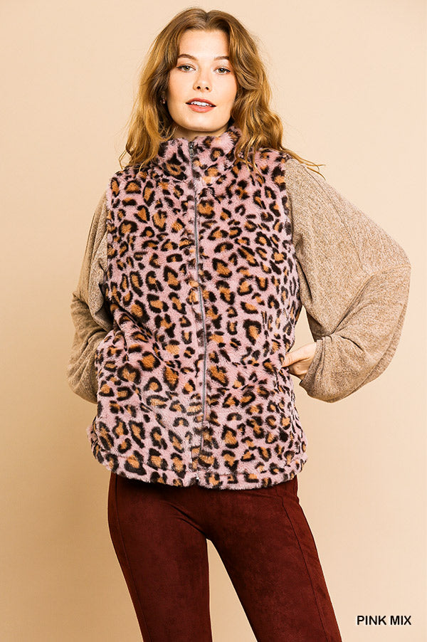 Animal Print Sleeveless Fuzzy Zip Front Vest with Pockets Ivy and Pearl Boutique