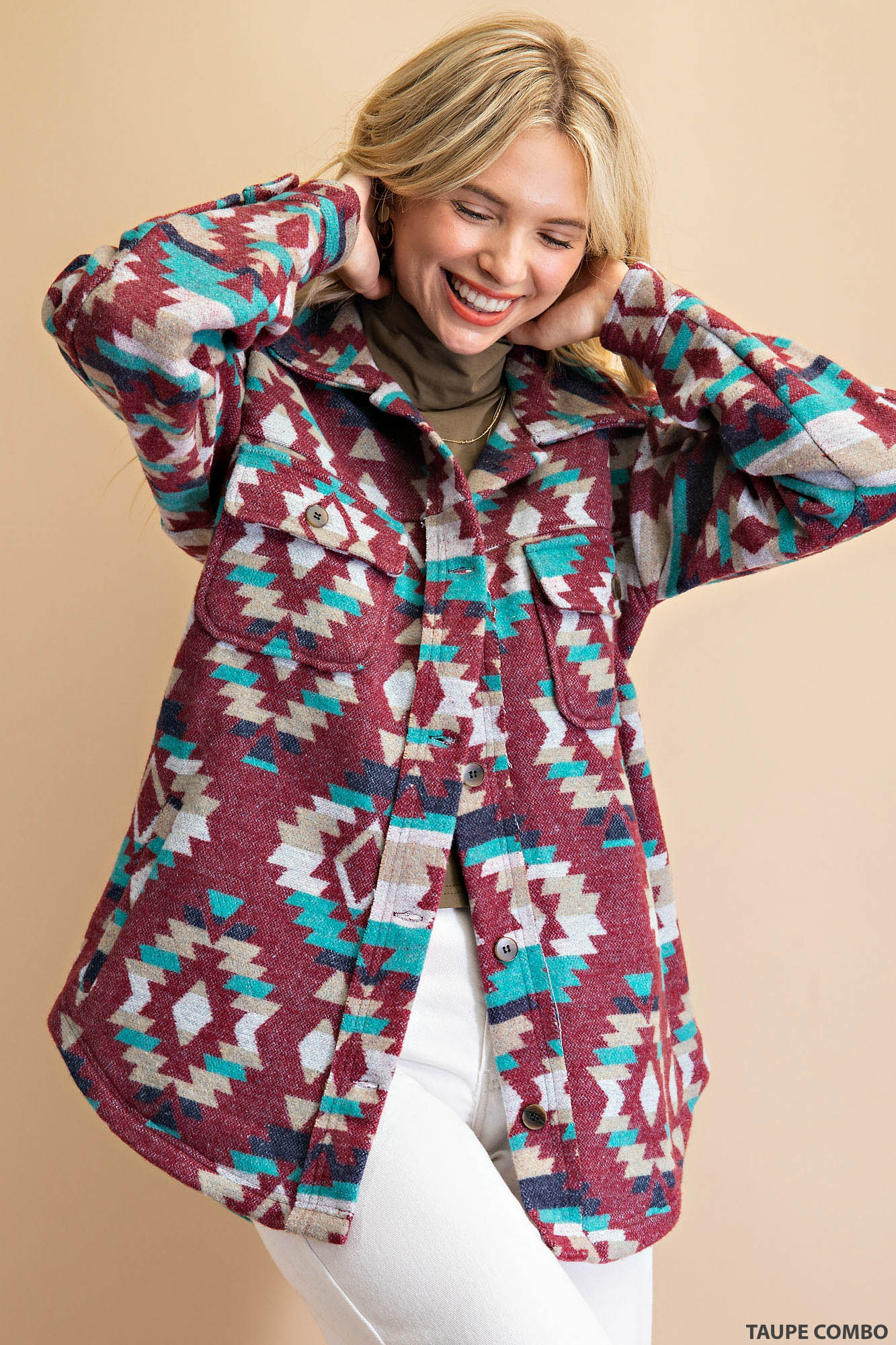 Aztec flannel button down oversize shirt Ivy and Pearl Boutique