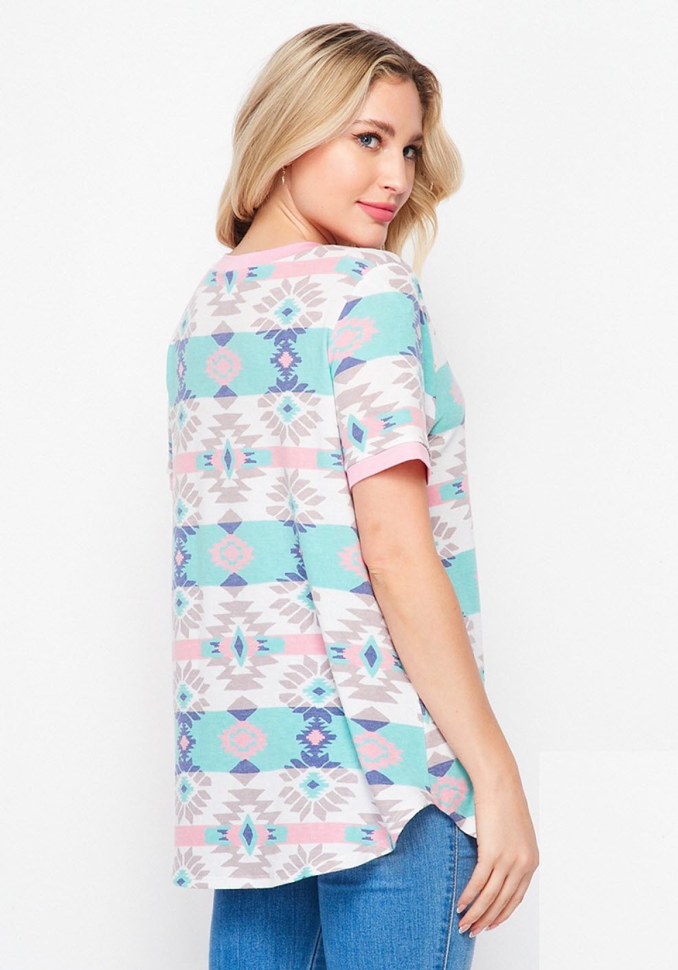 Aztec Mint Pink V-Neck Top Ivy and Pearl Boutique