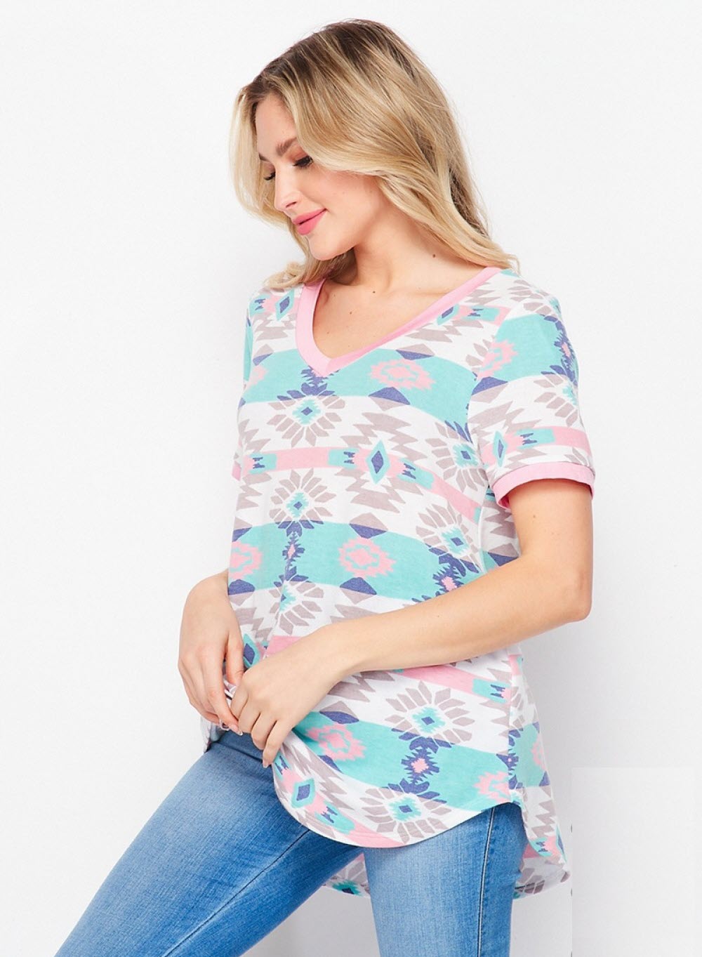 Aztec Mint Pink V-Neck Top Ivy and Pearl Boutique