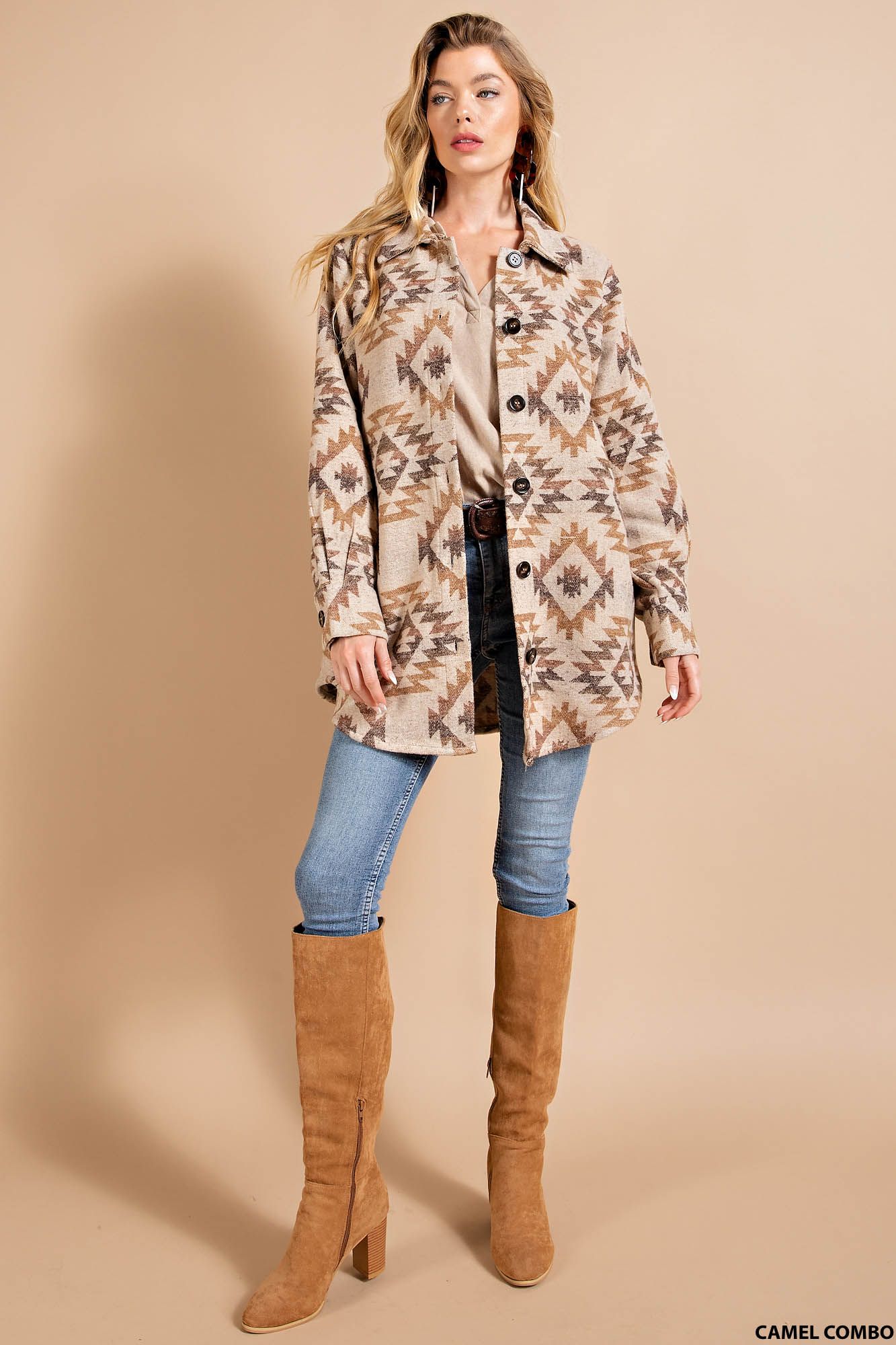Aztec Boho Tribal Vintabe Button Down Shacket Ivy and Pearl Boutique