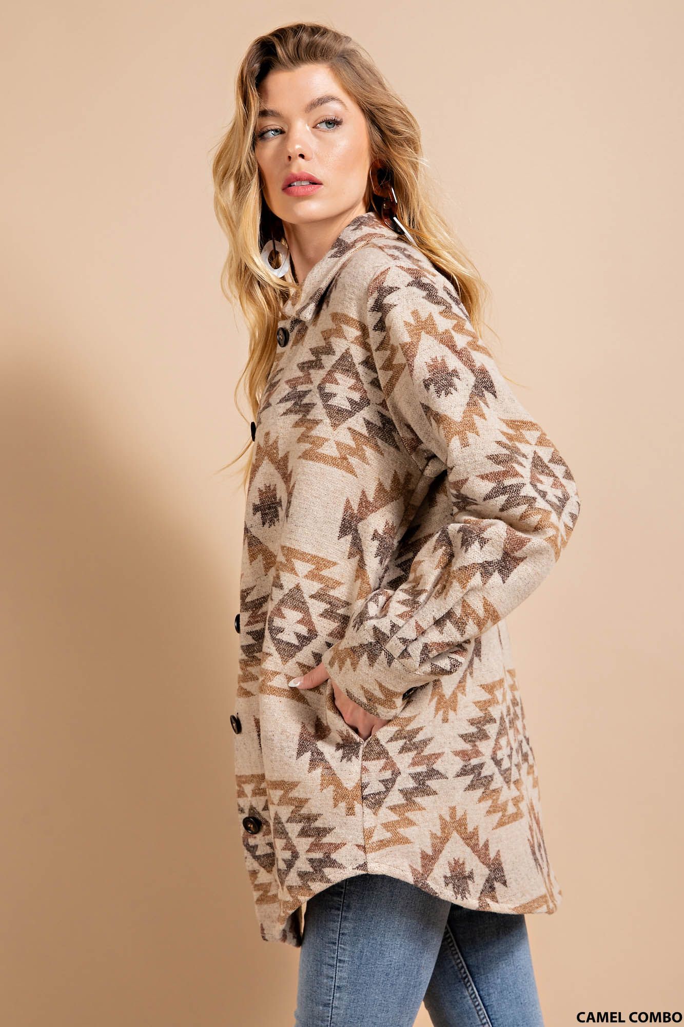 Aztec Boho Tribal Vintabe Button Down Shacket Ivy and Pearl Boutique