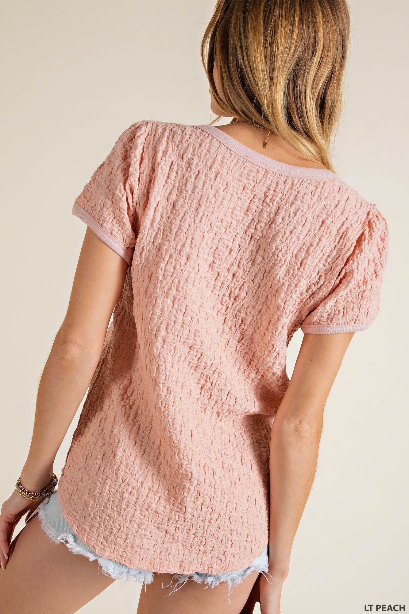Soft knit bubble texture fabric ribbed V-Neck and sleeve edge top Blouse Kori