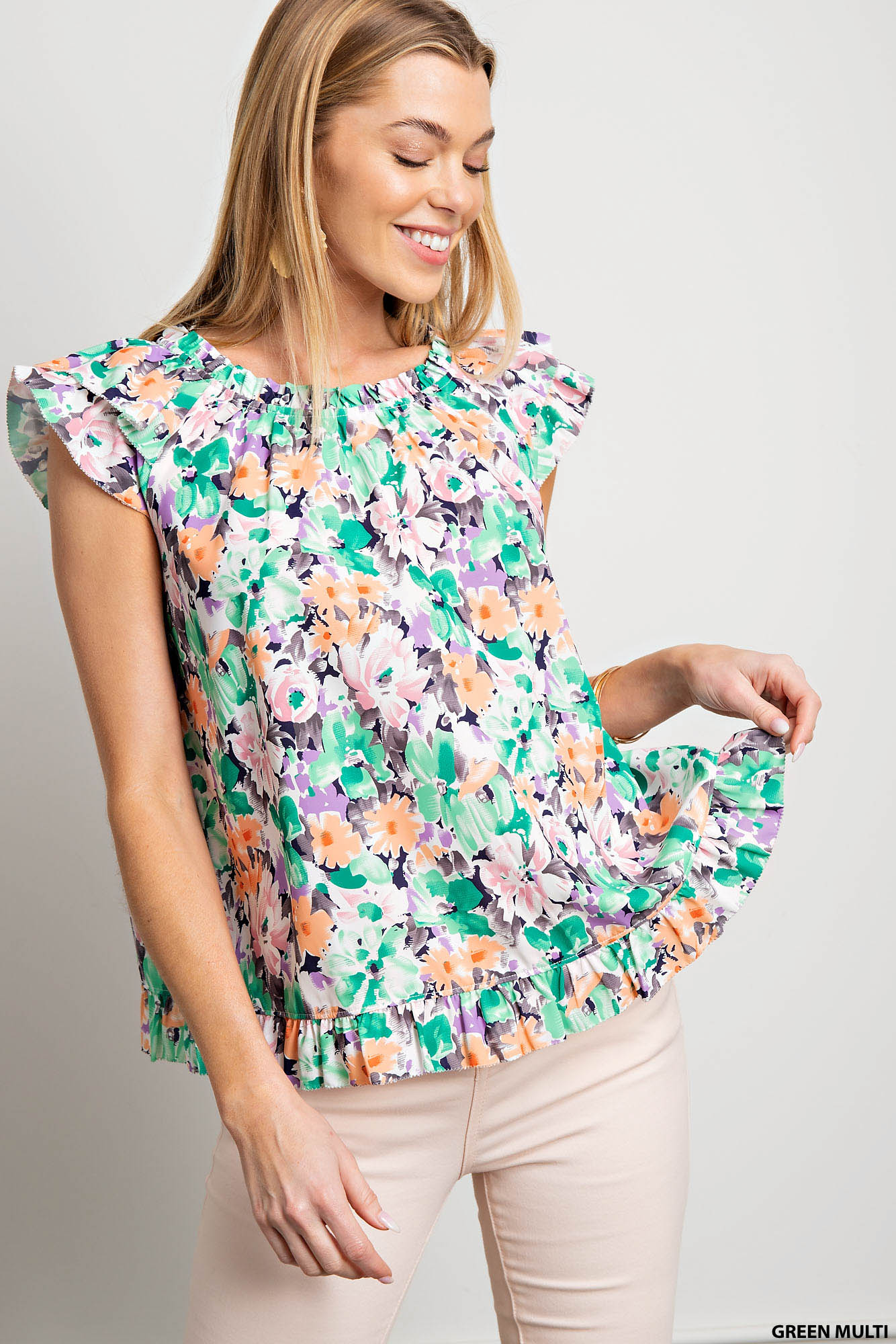 Poly printed fabric lined double layers ruffle sleeves top - multiple colors available Blouse Kori America