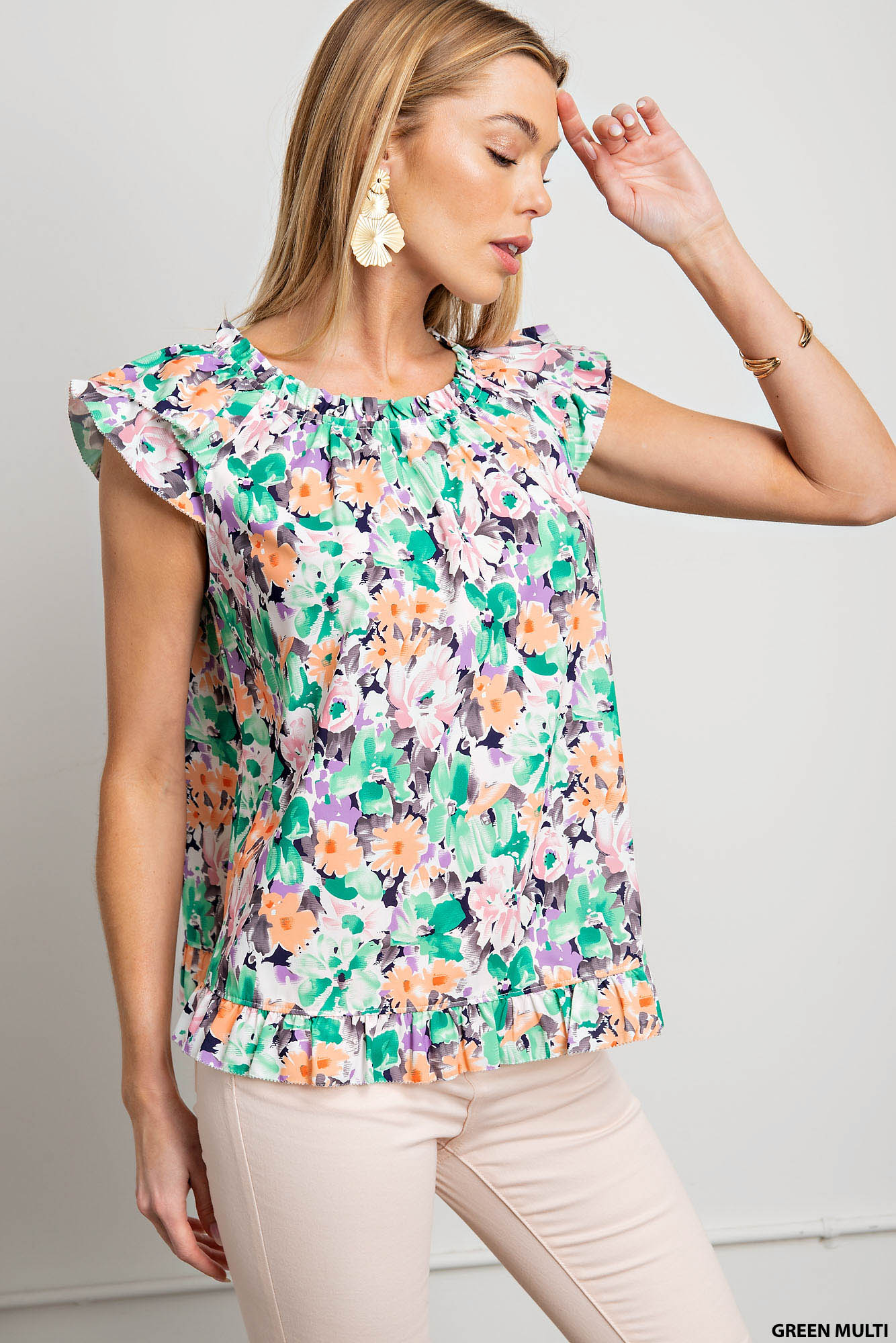 Poly printed fabric lined double layers ruffle sleeves top - multiple colors available Blouse Kori America