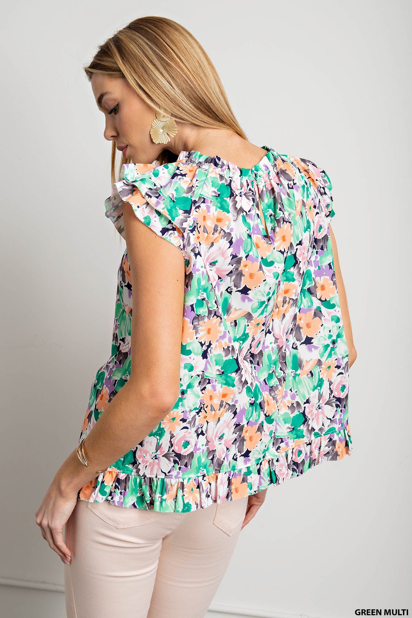 Poly printed fabric lined double layers ruffle sleeves top - multiple colors available Blouse Kori America