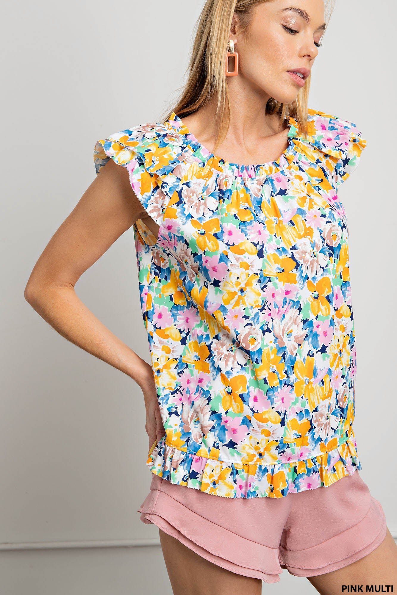 Poly printed fabric lined double layers ruffle sleeves top - multiple colors available Blouse Kori America