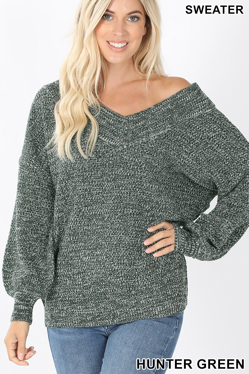 Balloon sleeve double V-neck sweater Ivy and Pearl Boutique Hunter Green S