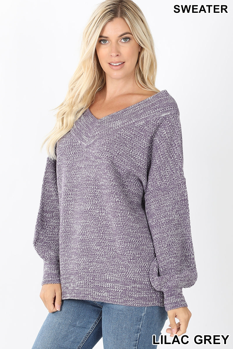 Balloon sleeve double V-neck sweater Ivy and Pearl Boutique