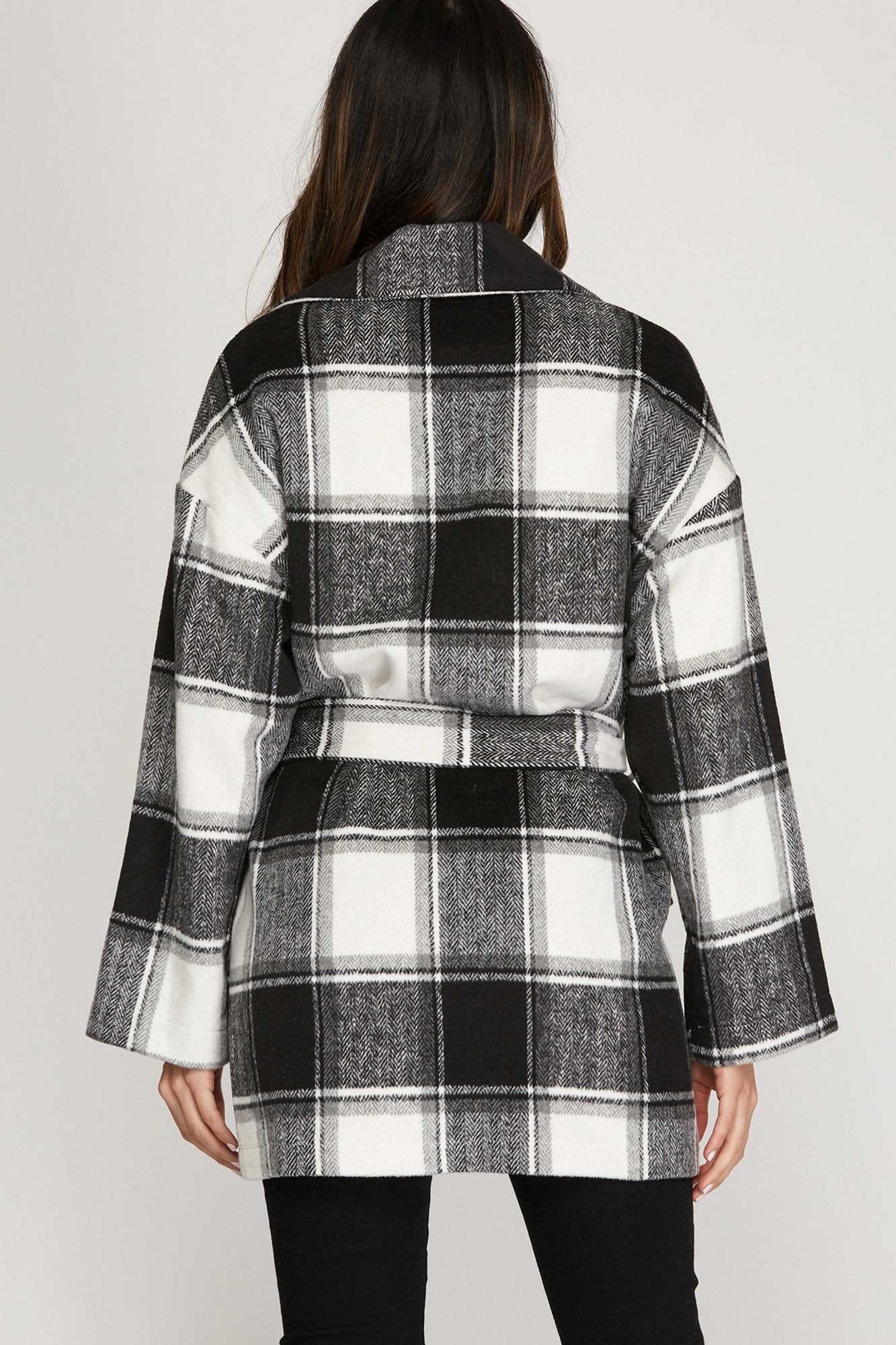 Belted brushed checkered coat with pockets Ivy and Pearl Boutique