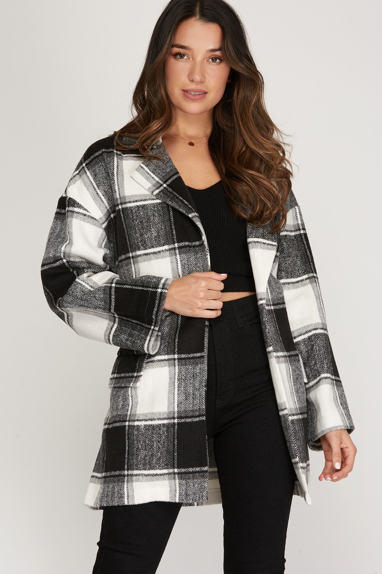 Belted brushed checkered coat with pockets Ivy and Pearl Boutique S
