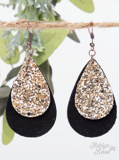 Black leather teardrop earring with gold and copper glitter accents Ivy and Pearl Boutique