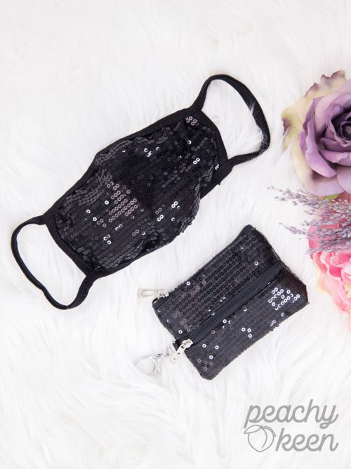 Black Sequin Face Mask with Matching Mini Versi Bag Ivy and Pearl Boutique