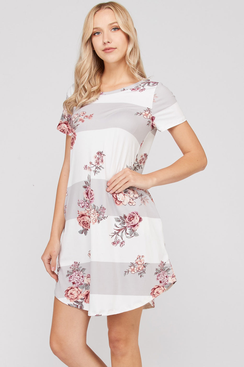 Block and floral dress with side pockets Ivy and Pearl Boutique S Heather Gray