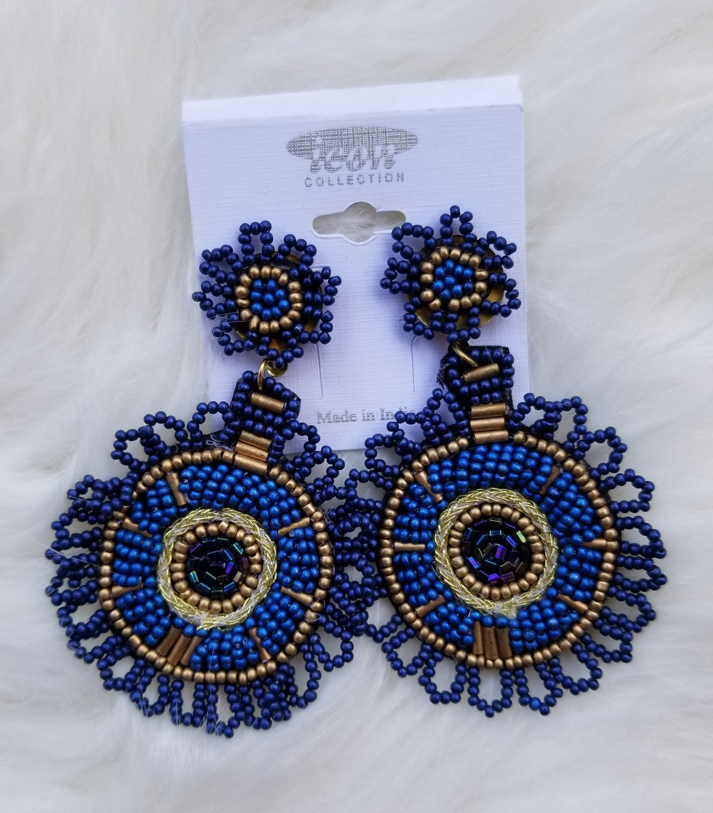 Blue decorative circle beaded statement earrings Ivy and Pearl Boutique